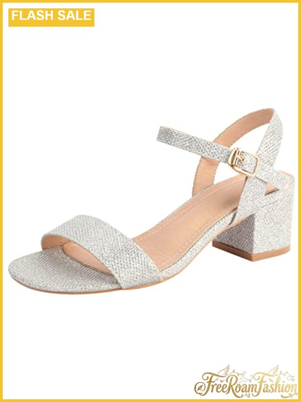 New Glitter Open Toe Ankle Strap Low Block Chunky Heel Dress Sandals